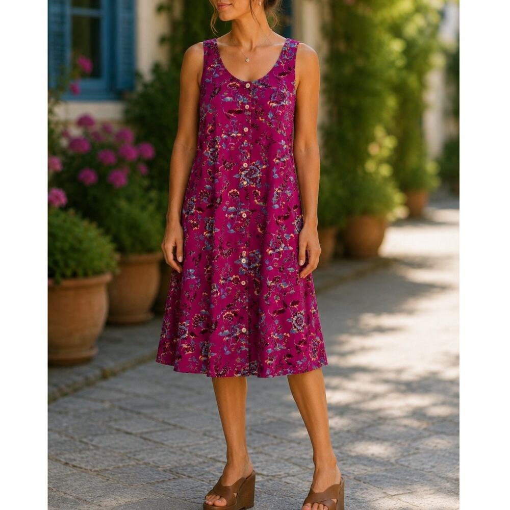 Vintage Pink Sleeveless Floral Dress Midi Button Down Womens Small Smocked Back